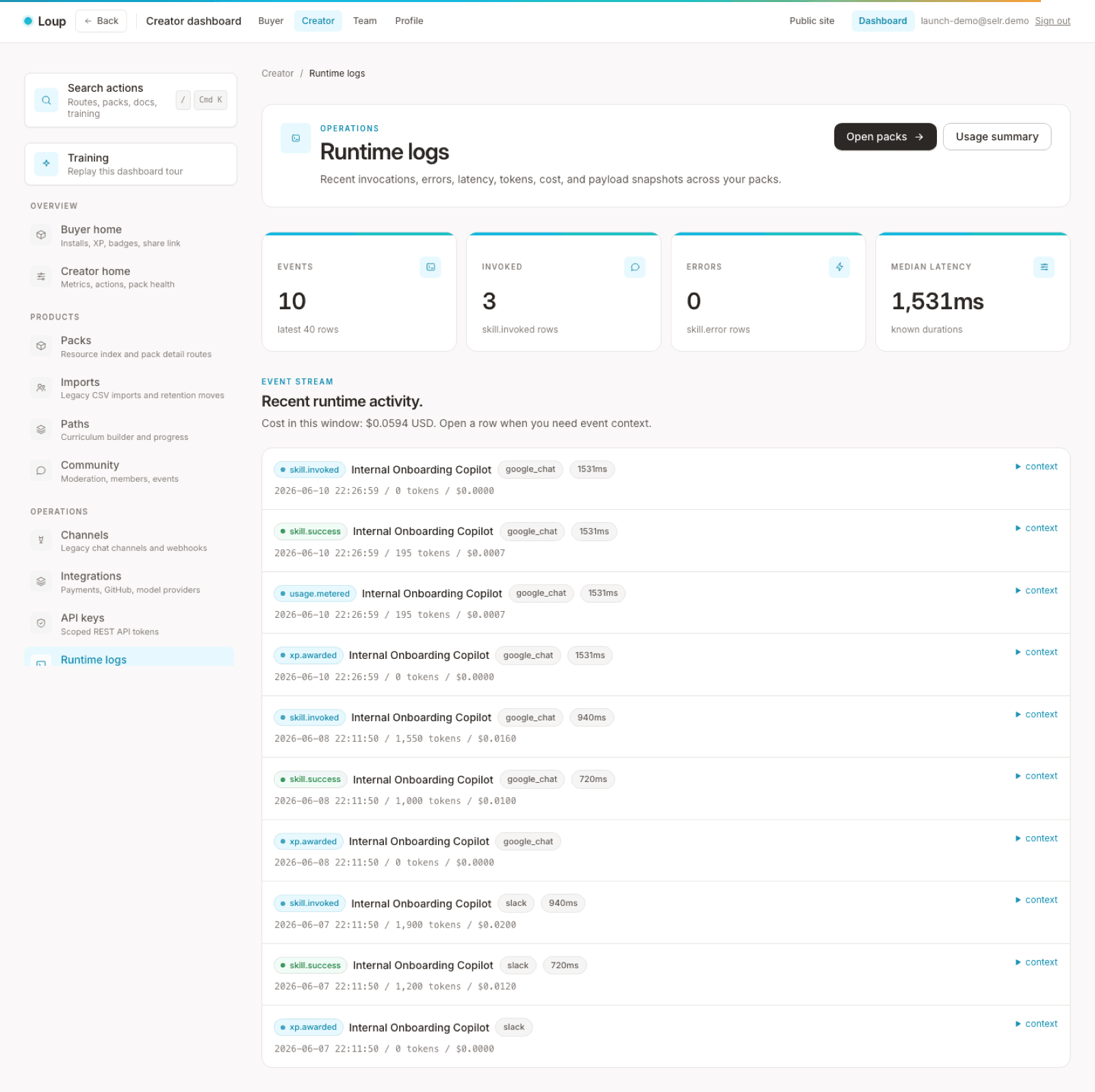 Loup runtime logs: events, invocations, errors, median latency, and a per-invoke event stream with token counts and cost
