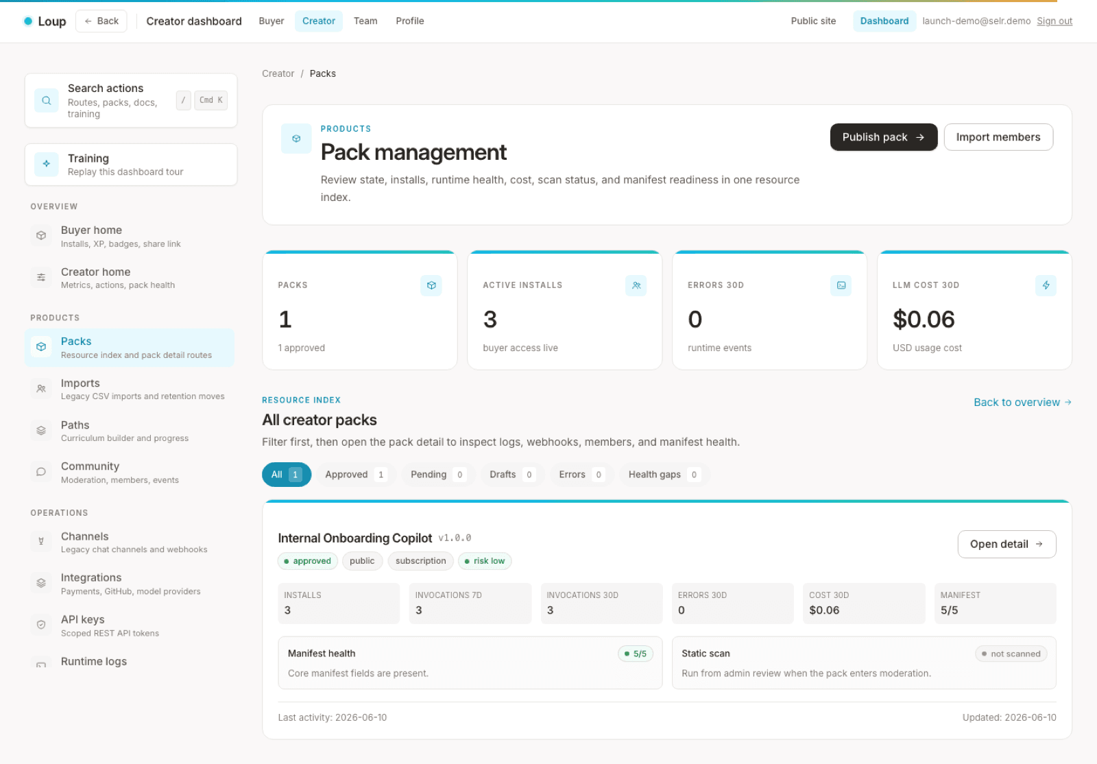 Loup pack management dashboard showing approved packs, active installs, runtime errors, LLM cost, and manifest health