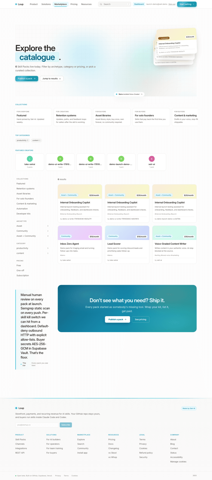 Loup explore page showing the public skill catalogue with collections, filters, and skill pack cards