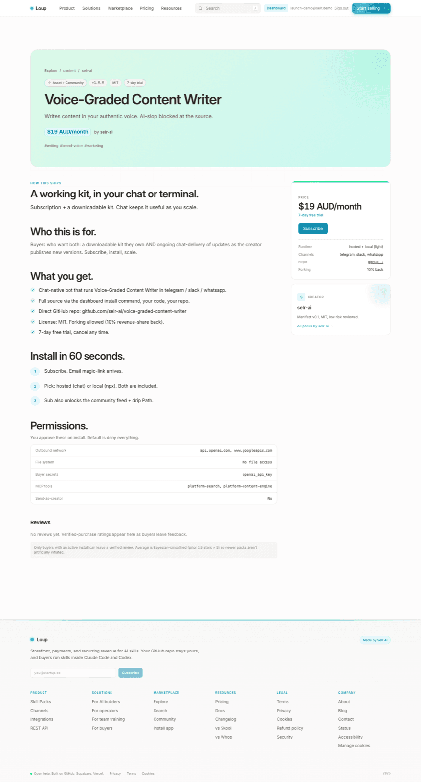 A live Loup skill page: Voice-Graded Content Writer by Selr AI, with pricing and install command